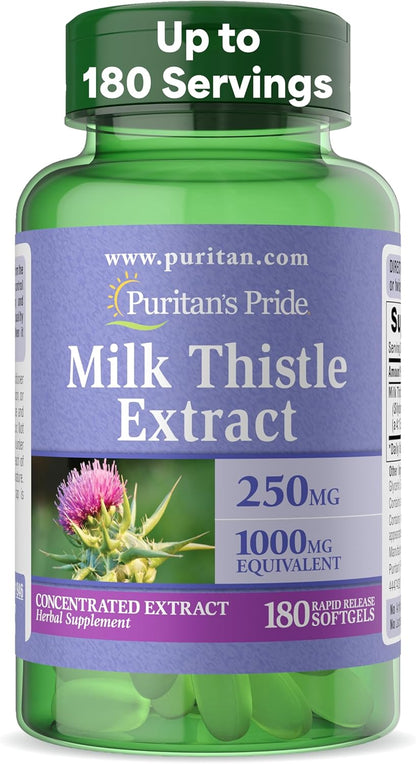 Puritan's Pride Milk Thistle Silymarin 4:1 Concentration Extract 250 mg (1000 mg Equivalent), Dietary Supplement for Traditional Liver Support, 6 Month Supply, 180 Count