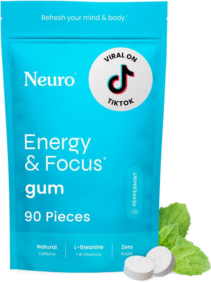 Neuro Energy & Focus Gum – Sugar-Free with 40mg Natural Caffeine, L-Theanine & B Vitamins, Vegan Peppermint, 90 Count