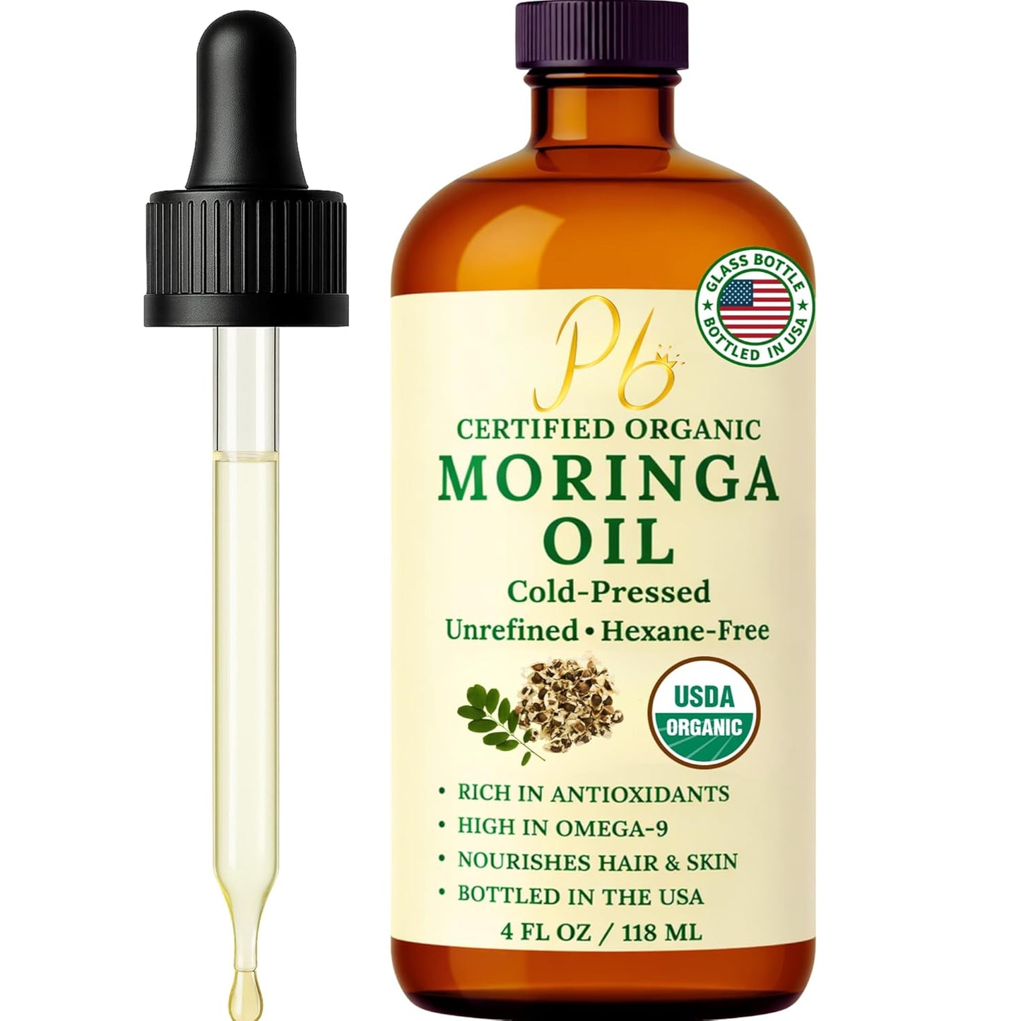 Organic Moringa Oil Cold Pressed Unrefined Skin Hair Face 4 fl oz