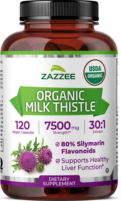 Zazzee Organic Milk Thistle Extract 30:1 – 80% Silymarin, 120 Vegan Capsules, Non-GMO
