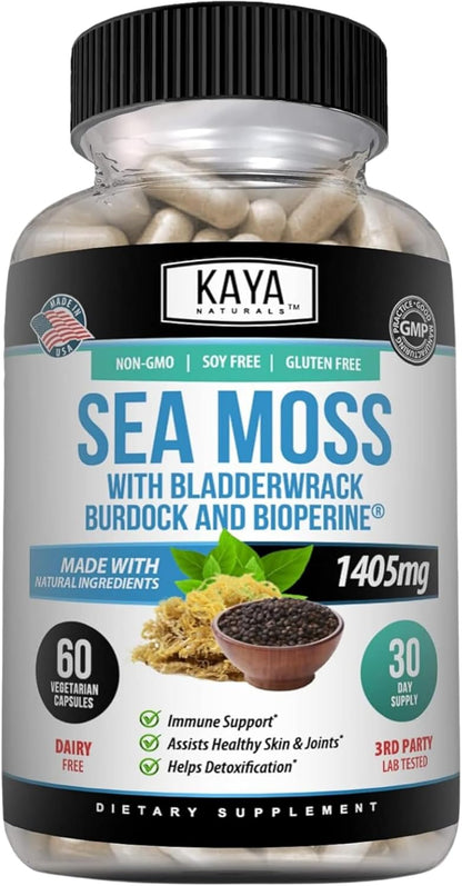 Kaya Naturals Sea Moss Capsules Burdock Root Bladderwrack BioPerine 60 Count
