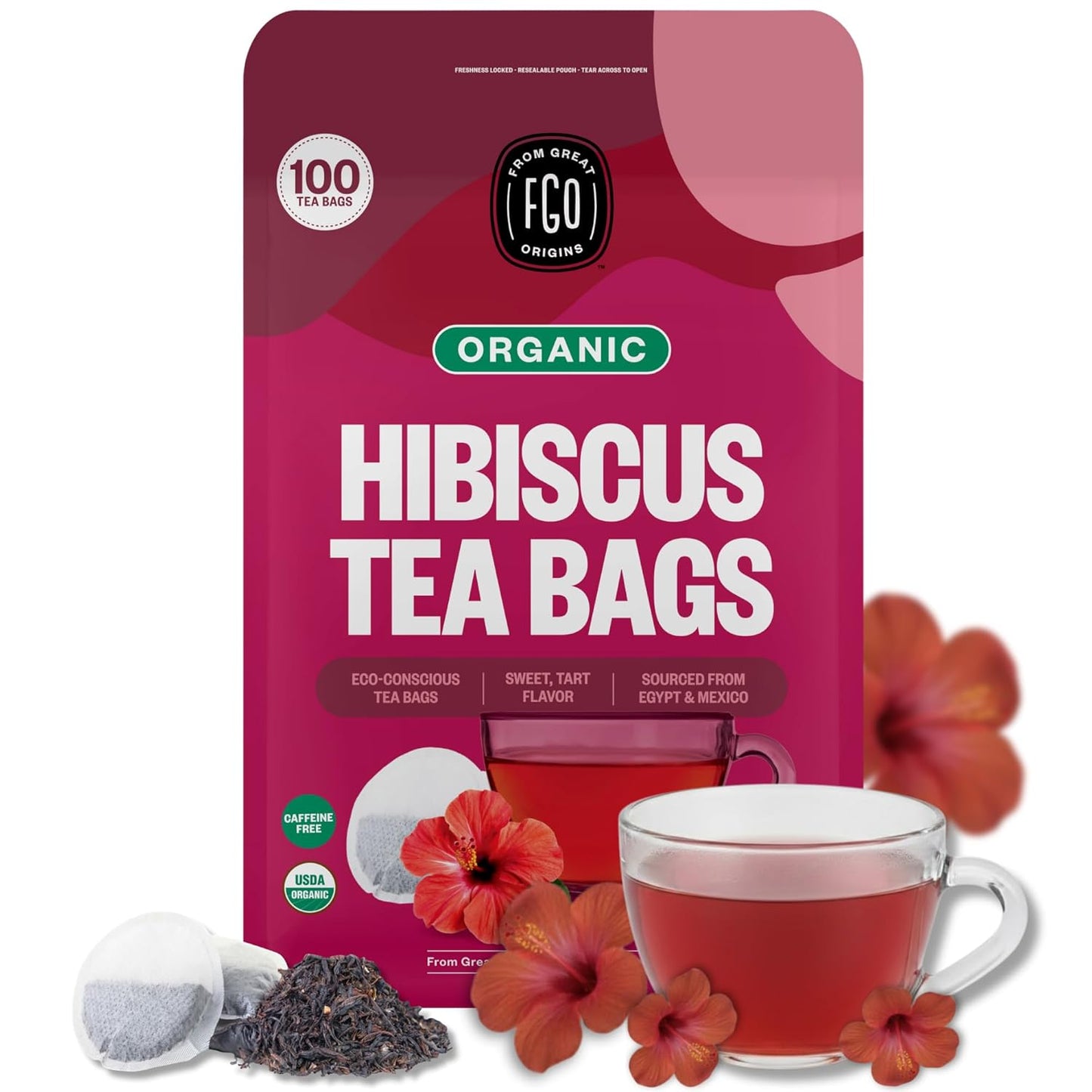 FGO Organic Hibiscus Tea Bags Caffeine Free 100 Count