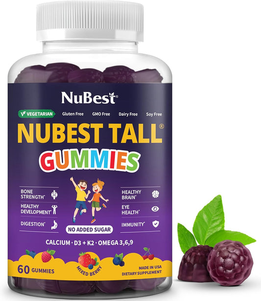 NuBest Tall Kids Gummies Calcium Vitamin D3 K2 Magnesium Zinc B Complex Berry Flavor