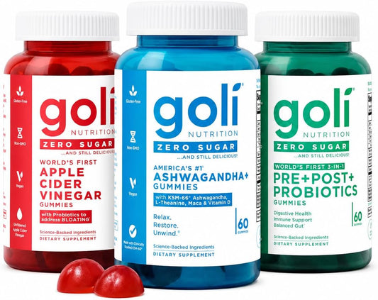 Goli Zero Sugar Trio Pre Pro Postbiotic ACV Ashwagandha Vitamin D Gummies 180 Count