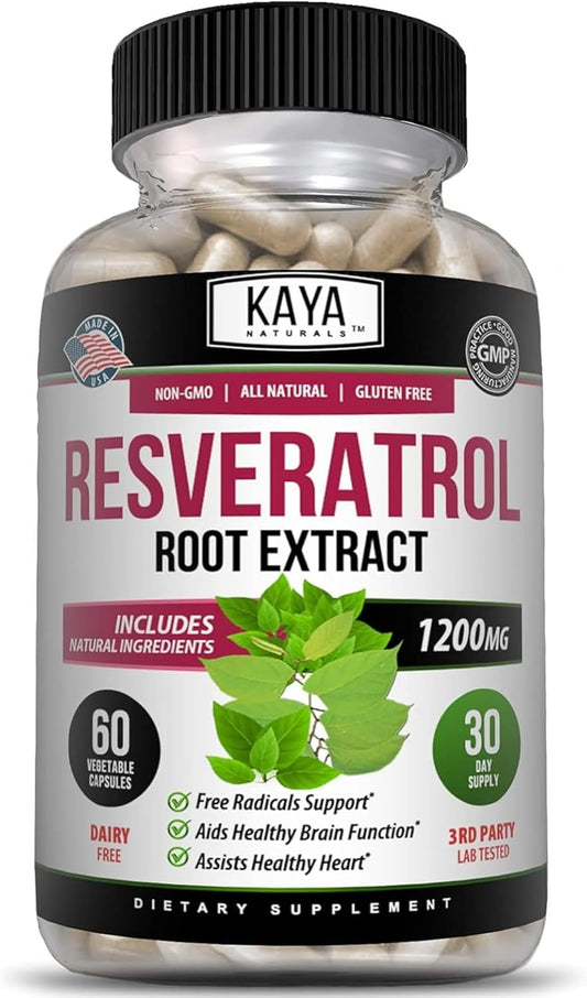 Kaya Naturals Resveratrol Capsules Antioxidant Anti-Aging Brain Support 60 Count
