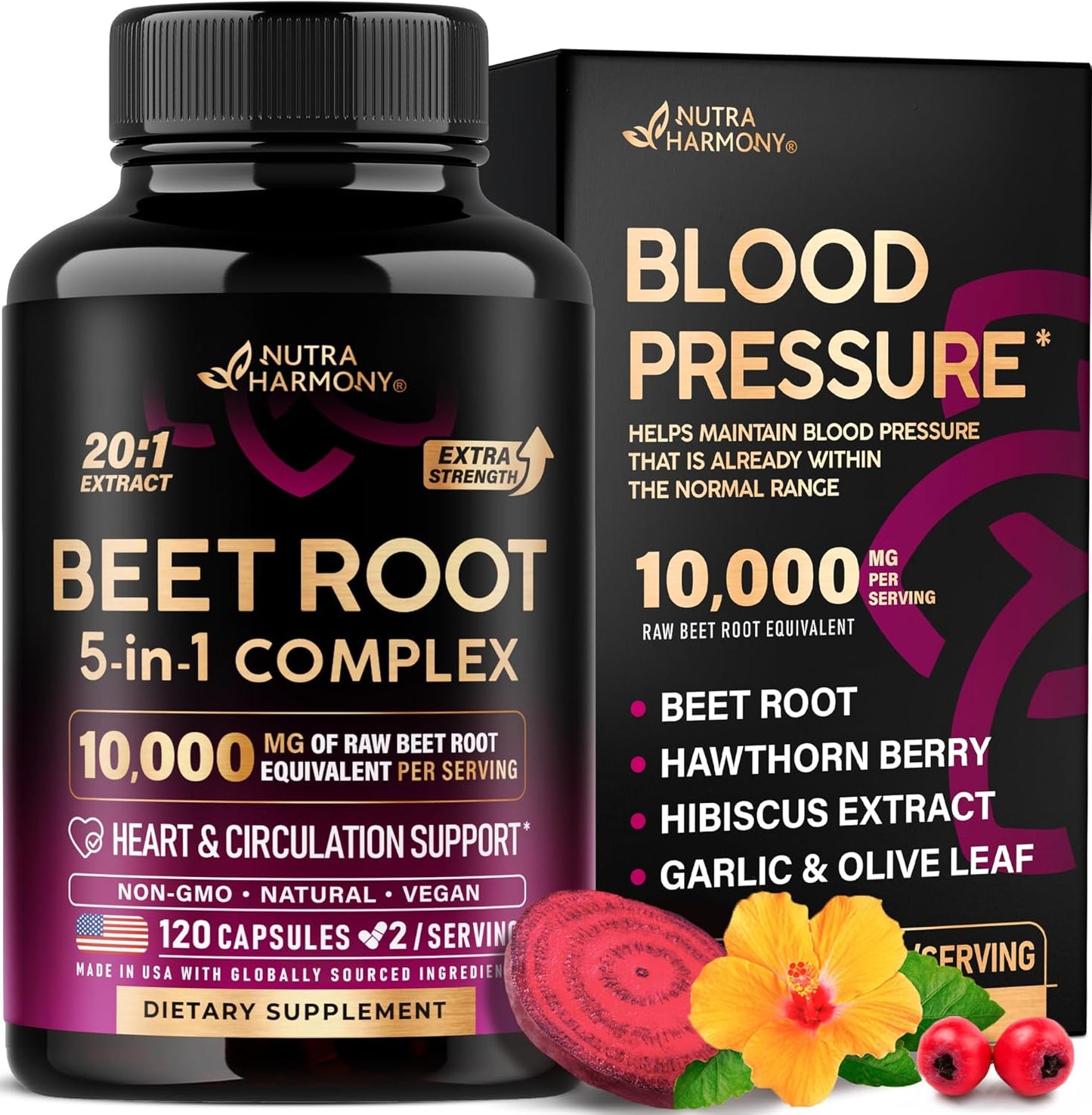 Beet Root 5 in 1 Complex Capsules Olive Leaf Hawthorn Hibiscus 120 Count