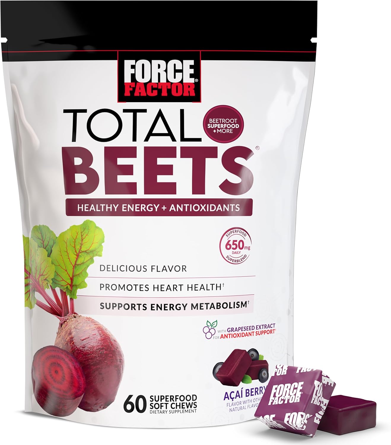 Force Factor Total Beets Soft Chews Beetroot Nitrates L Citrulline Grapeseed Extract 60 Count