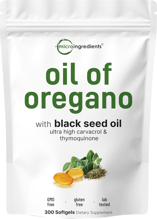 Micro Ingredients Oil of Oregano Softgels with Black Seed Oil – 4X Strength Carvacrol & Thymoquinone, Plant Based, Non-GMO, 300 Softgels