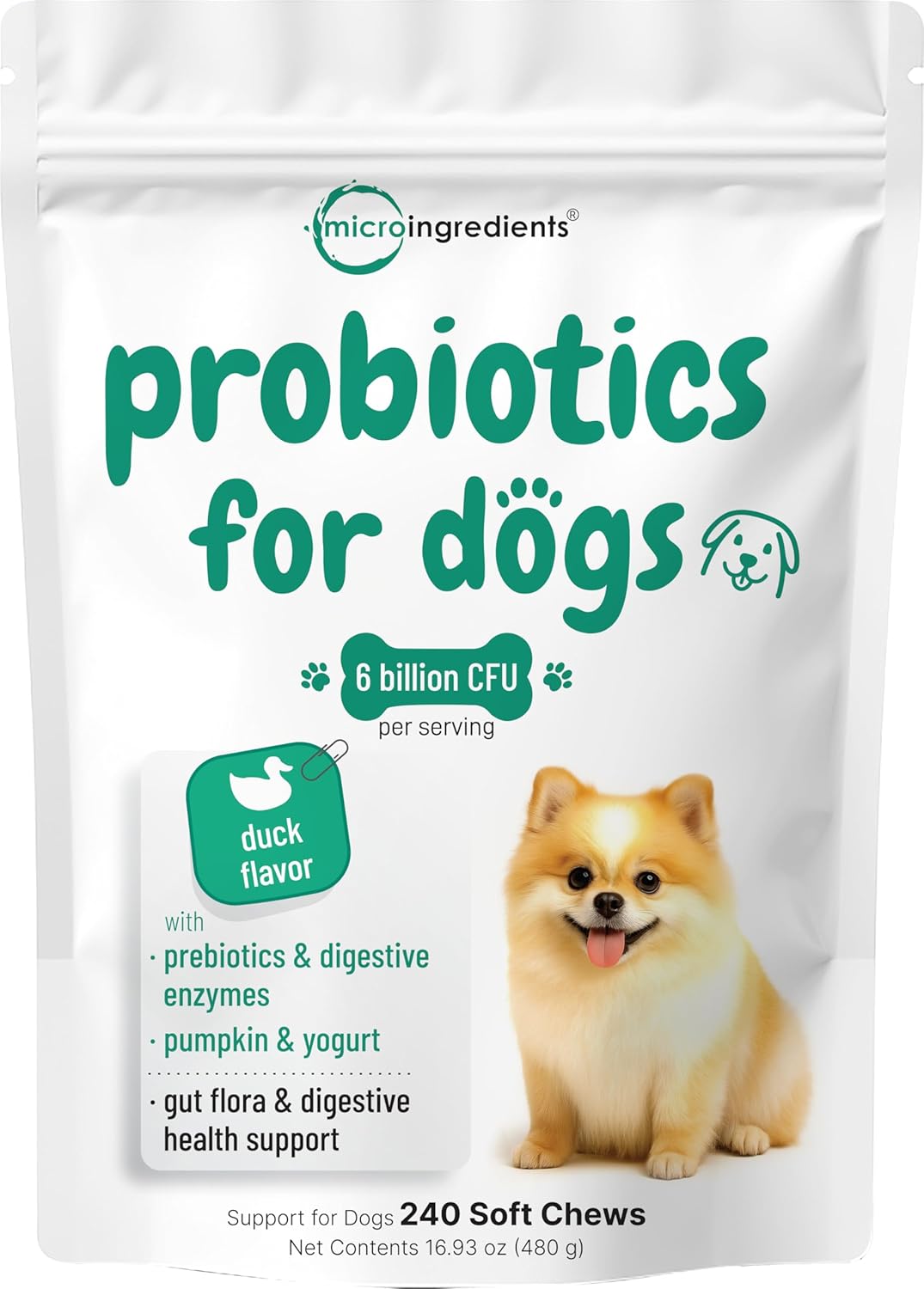 Micro Ingredients Probiotics for Dogs Soft Chews – 6 Billion CFU with Prebiotics, Enzymes & Pumpkin, Duck Flavor, 240 Count