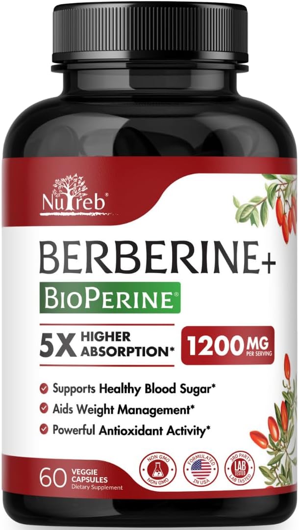 Nutreb Berberine HCL Supplement 1200 mg Vegan Capsules 60 Count