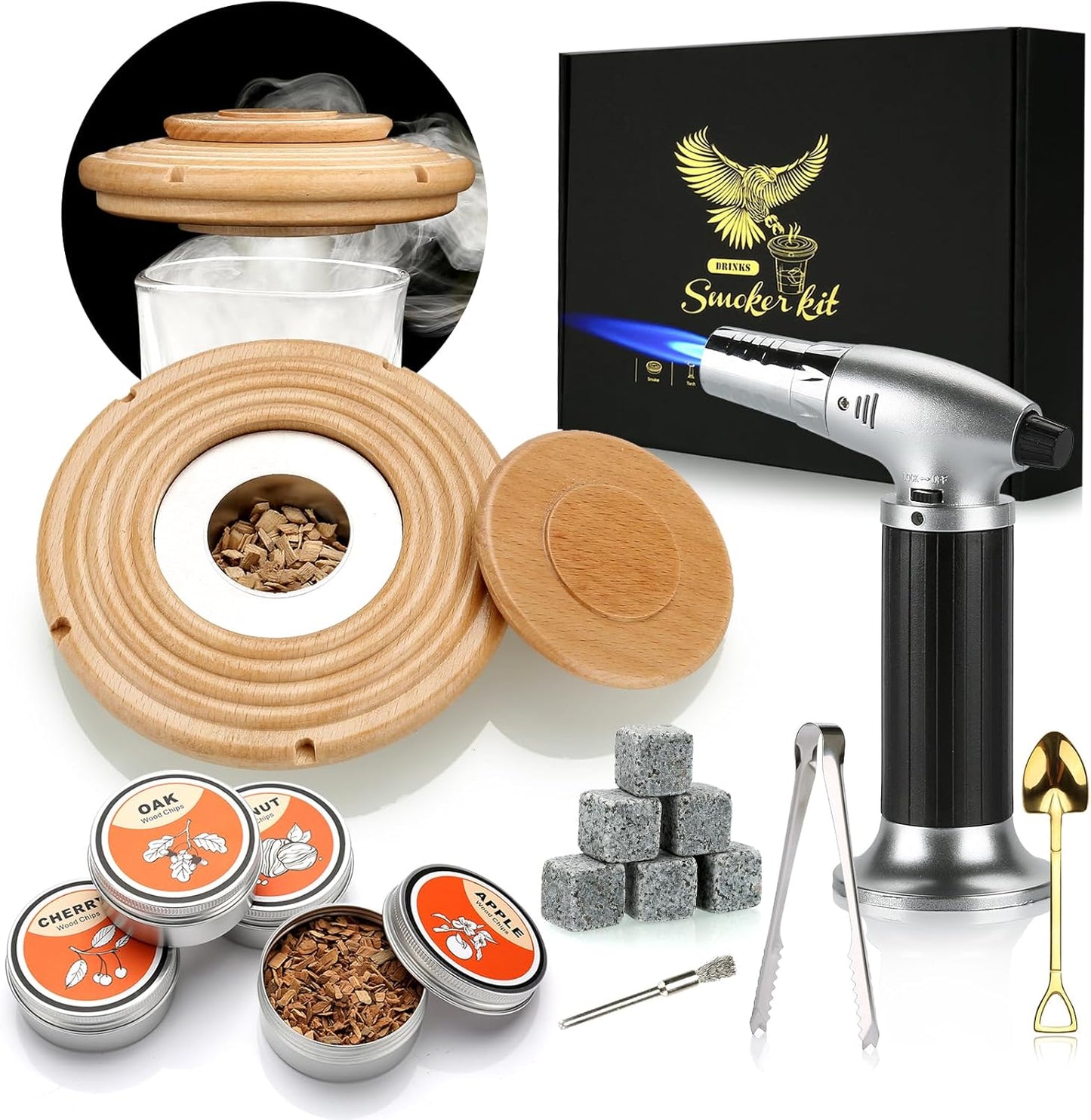 Cocktail Smoker Kit with Torch and Whiskey Stones Beech Wood Set