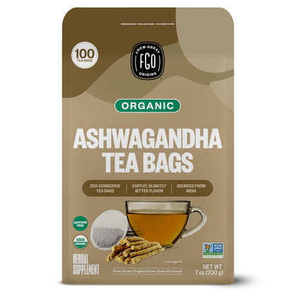 FGO Organic Ashwagandha Tea Bags Caffeine Free 100 Count