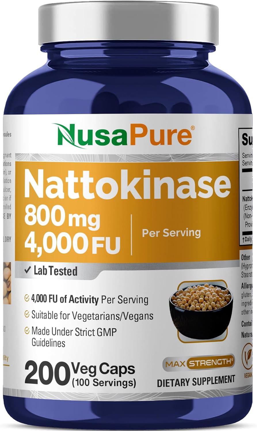 NusaPure Nattokinase 4000 FU 800mg – Vegan, Non-GMO Enzyme Supplement, 200 Veggie Capsules