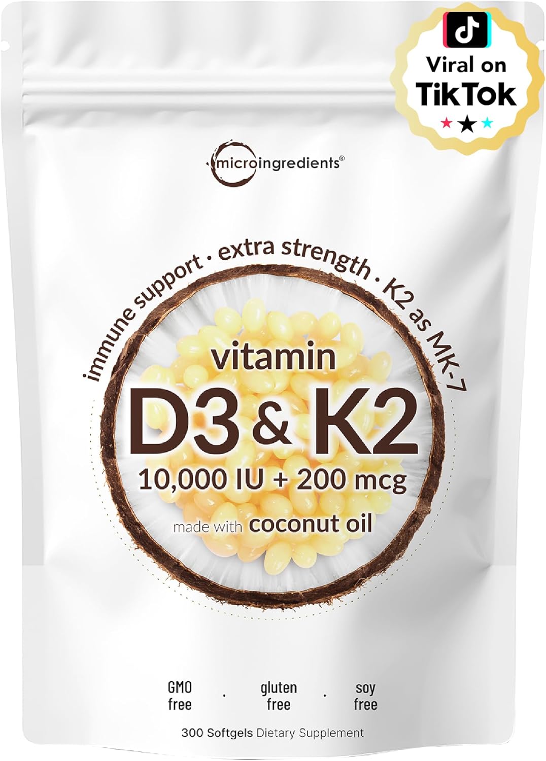 Micro Ingredients Vitamin D3 10,000 IU + K2 MK-7 200 mcg with Virgin Coconut Oil – Extra Strength D & K Complex, Non-GMO, Gluten Free, 300 Softgels