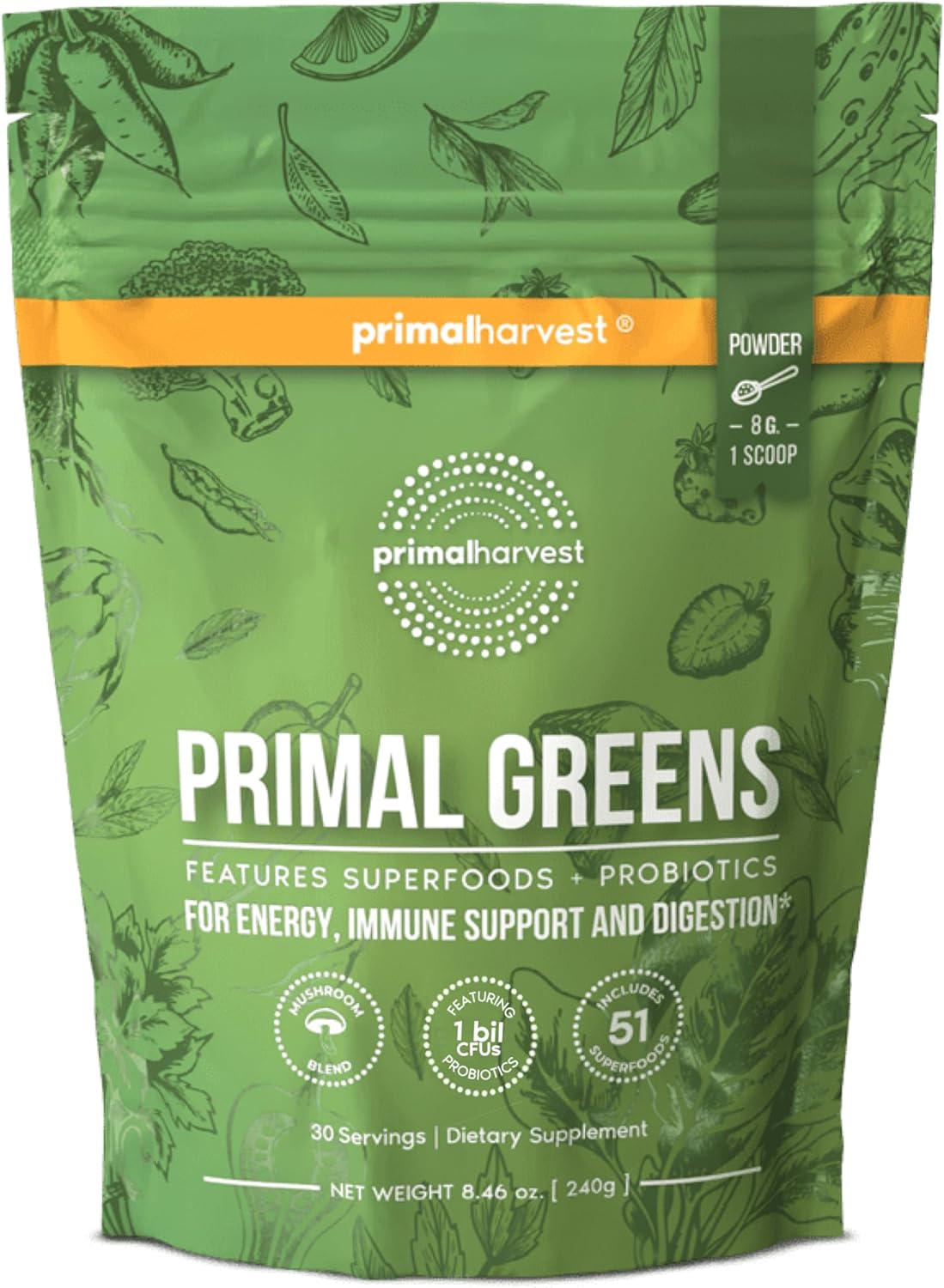 Primal Harvest Super Greens Powder Chlorella Probiotics Green Tea Wheatgrass Kale Turmeric 30 Servings