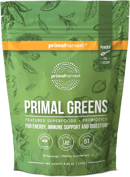 Primal Harvest Super Greens Powder Chlorella Probiotics Green Tea Wheatgrass Kale Turmeric 30 Servings