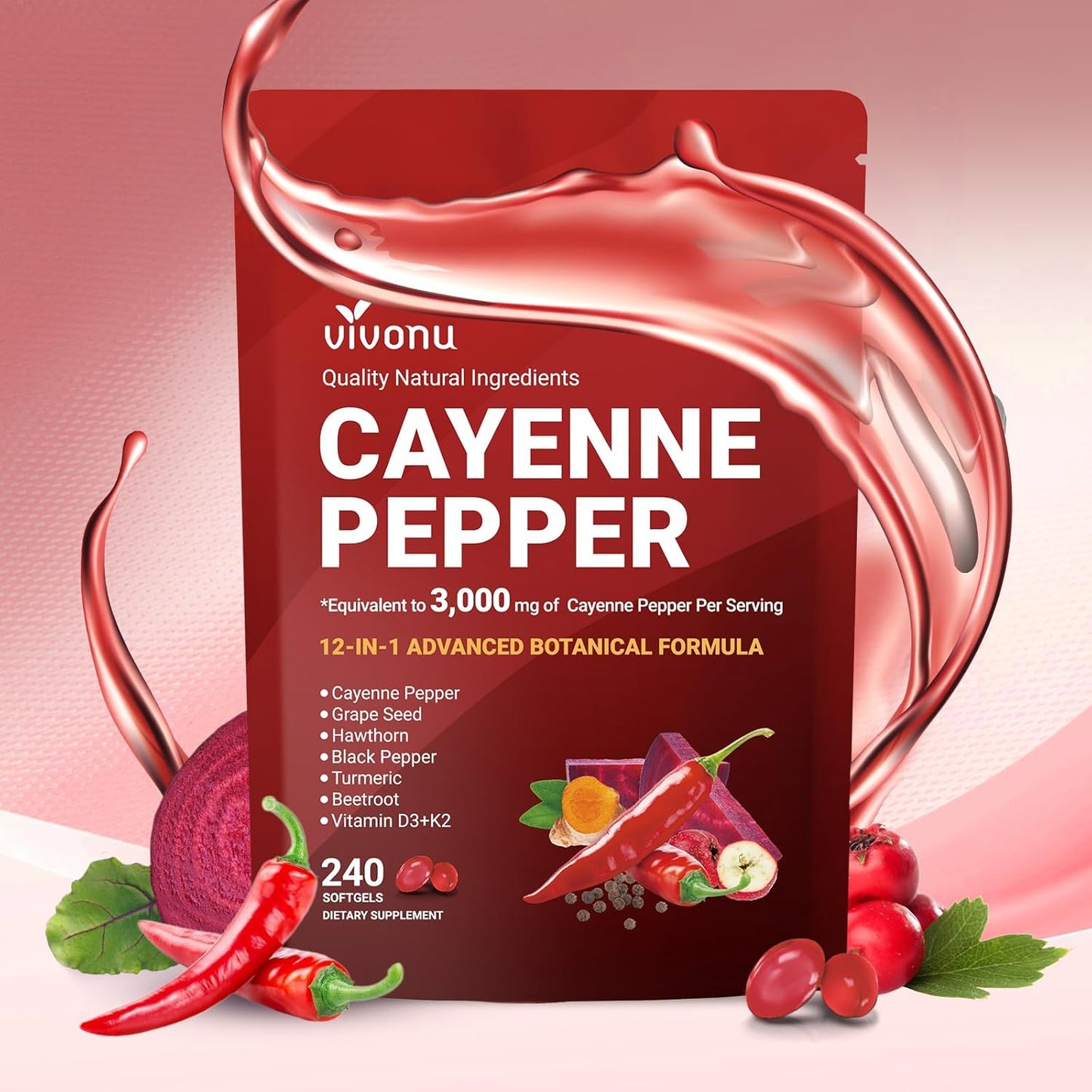VivoNu Cayenne Pepper Softgels Vitamin E D3 K2 Grape Seed Hawthorn Beetroot Berberine