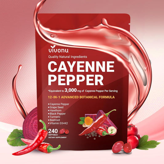 VivoNu Cayenne Pepper Softgels Vitamin E D3 K2 Grape Seed Hawthorn Beetroot Berberine