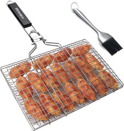 Fish Grilling Basket Stainless Steel Folding BBQ Basket with Removable Handle