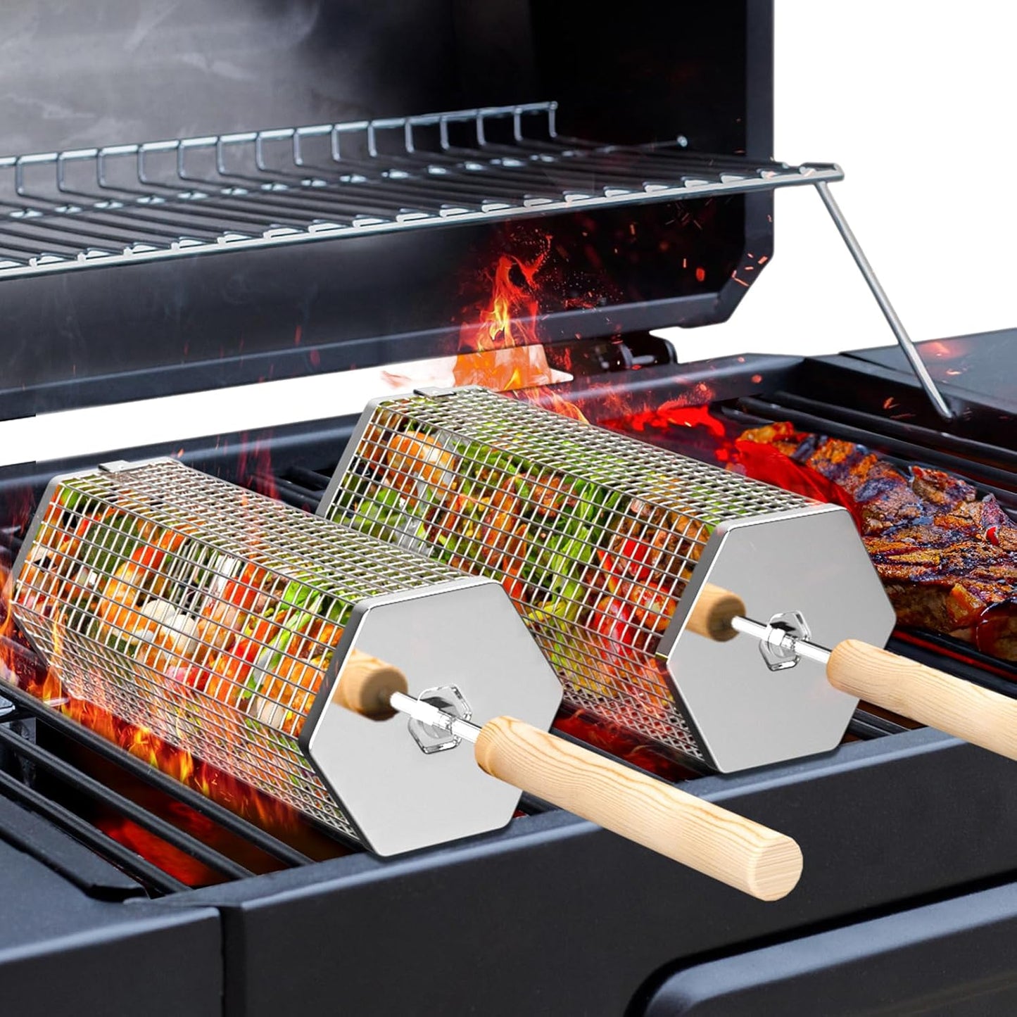 Rolling Grill Basket Set Stainless Steel with Removable Handle BBQ Accessories