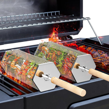 Rolling Grill Basket Set Stainless Steel with Removable Handle BBQ Accessories