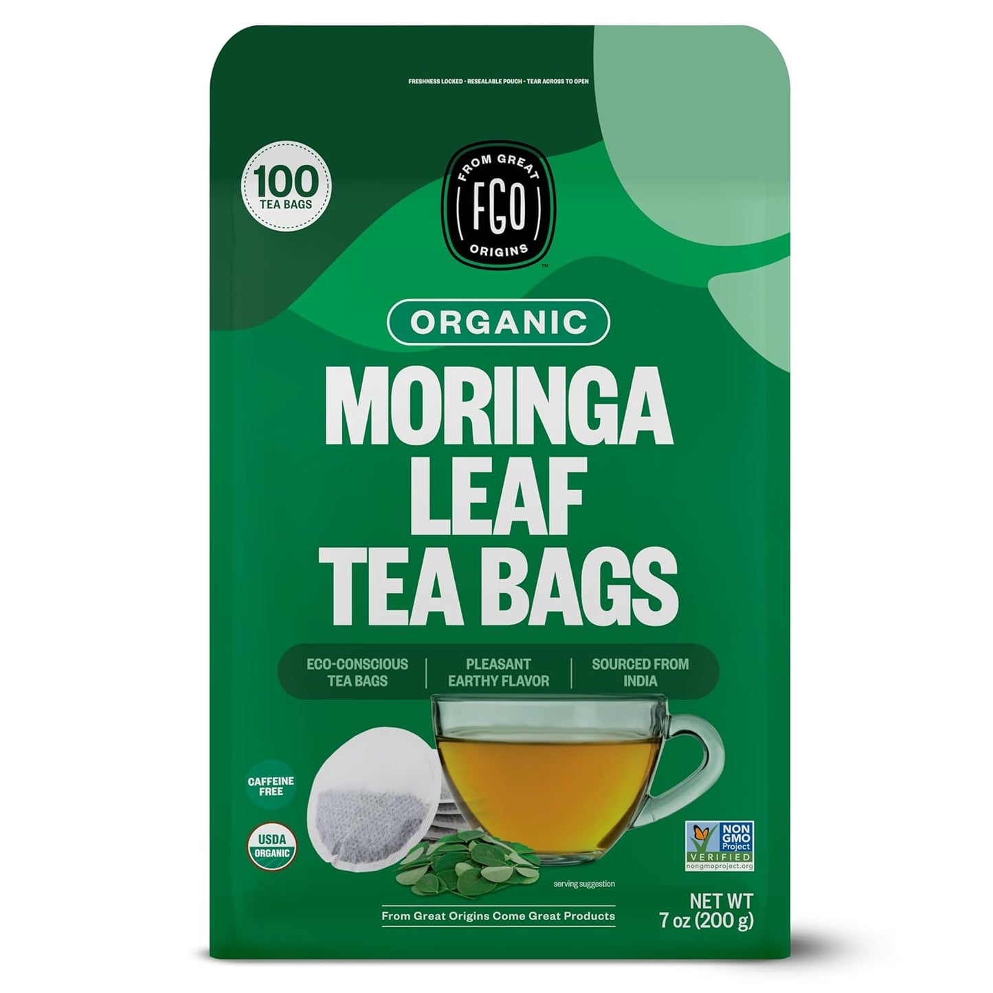 FGO Organic Moringa Tea Bags Caffeine Free 100 Count