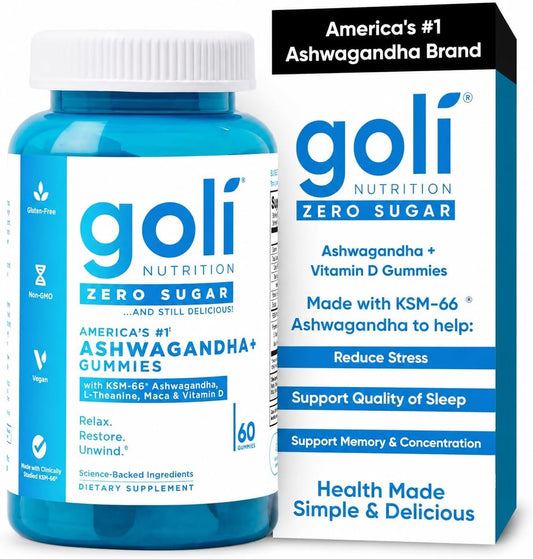 Goli Zero Sugar Ashwagandha Gummies with KSM-66 L-Theanine Maca & Vitamin D Vegan