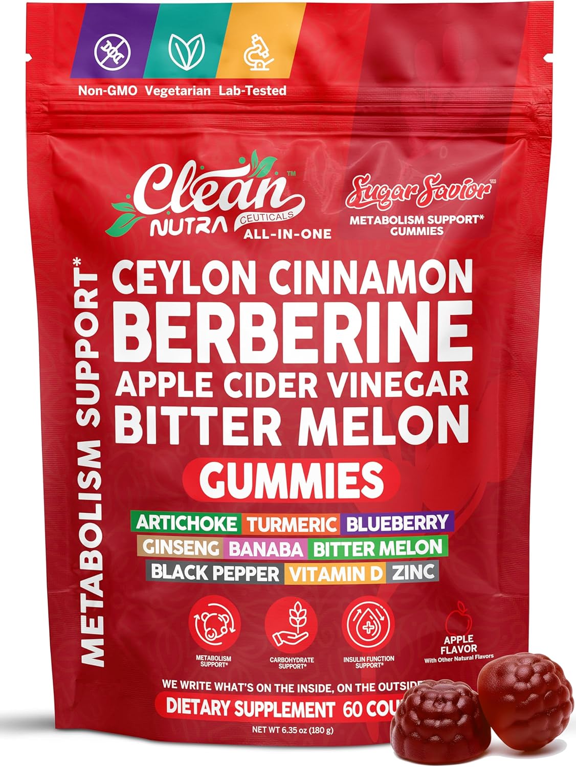 Sugar Savior Berberine Cinnamon ACV Gummies Turmeric Ginseng Vitamins 60 Count