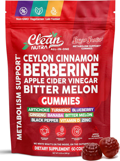 Sugar Savior Berberine Cinnamon ACV Gummies Turmeric Ginseng Vitamins 60 Count