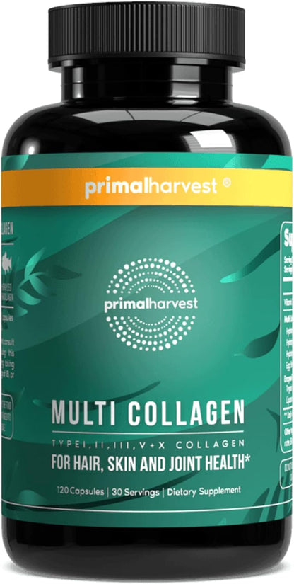 Primal Harvest Multi Collagen Capsules Types I II III V X with Vitamin C 120 Count