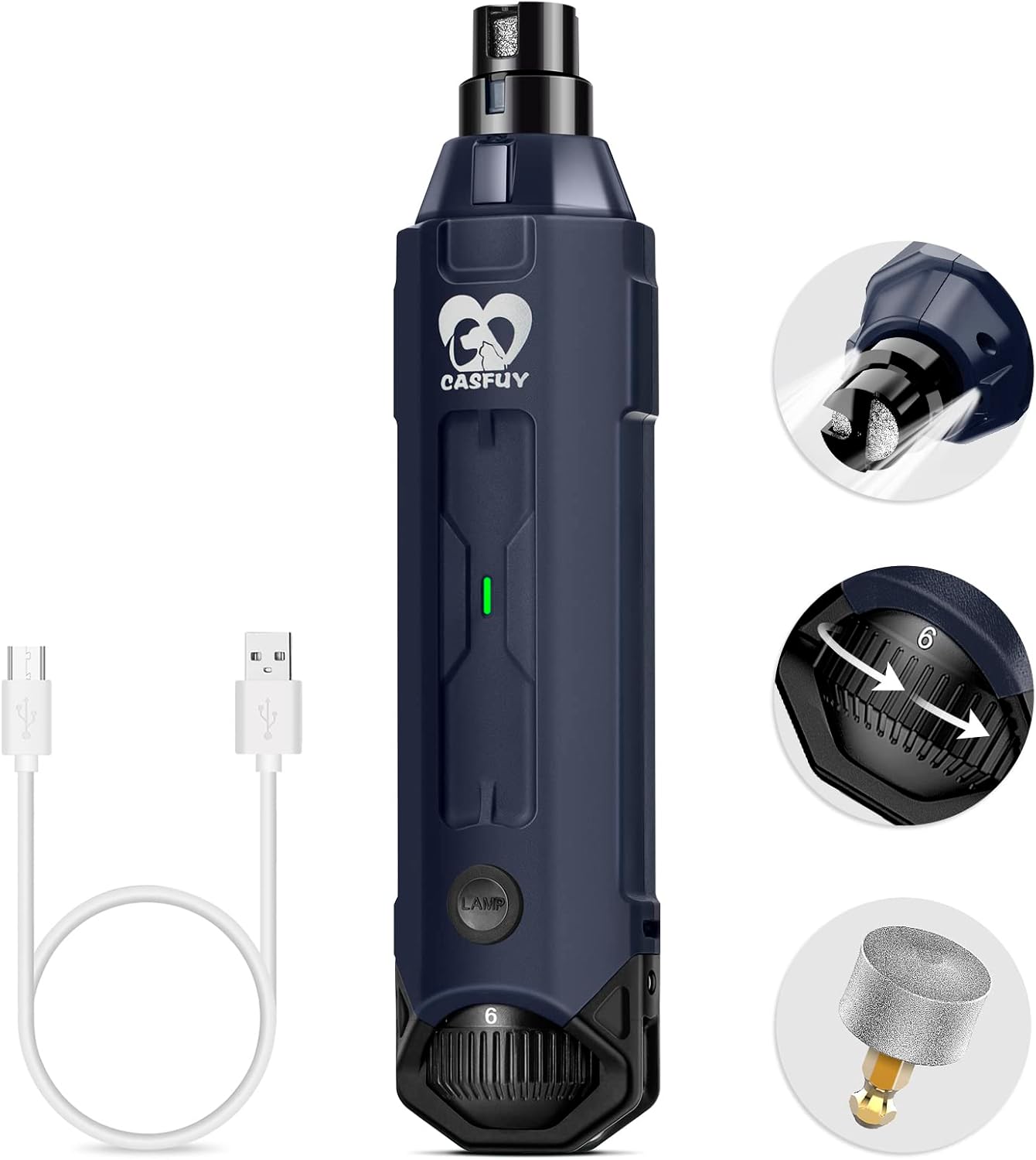 Casfuy 6-Speed Dog Nail Grinder – Rechargeable Electric Pet Nail Trimmer for Small, Medium & Large Dogs