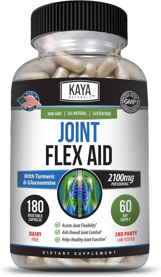 Kaya Naturals Flex Aid Turmeric Capsules Glucosamine Boswellia MSM 180 Count