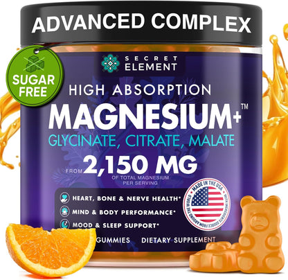 Magnesium Glycinate Citrate Malate Gummies 2150 mg Sugar Free Vegan Orange 60 Chews