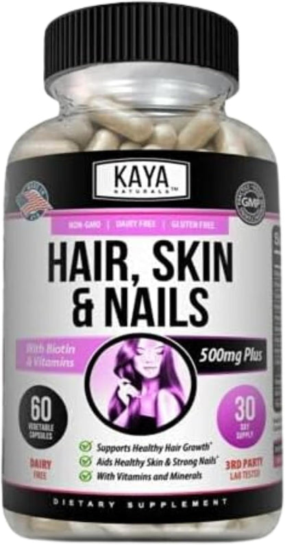 Kaya Naturals Hair Skin Nail Capsules Biotin Vitamin D B12 Folic Acid