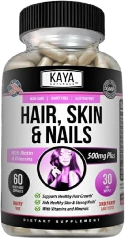 Kaya Naturals Hair Skin Nail Capsules Biotin Vitamin D B12 Folic Acid