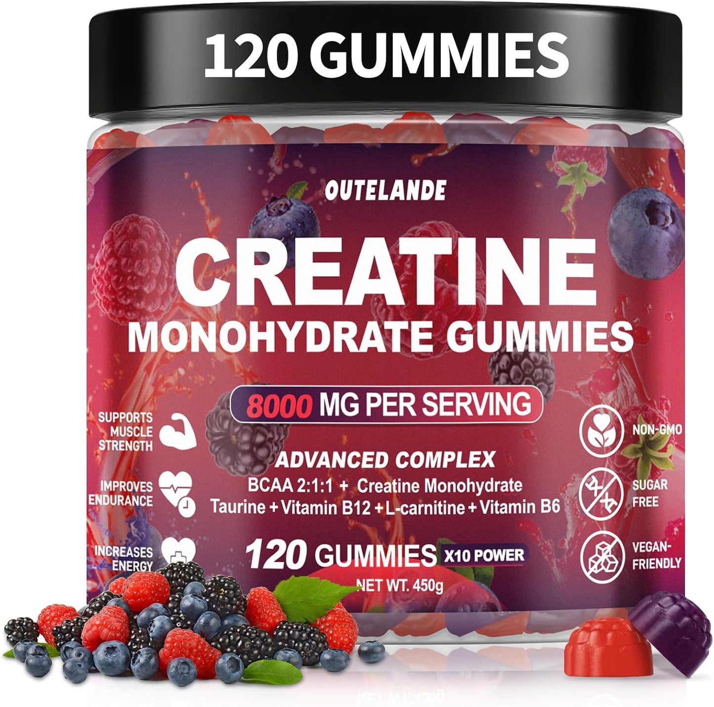OUTELANDE Creatine Monohydrate Gummies 8000 mg with L Taurine Sugar Free Vegan 120 Count