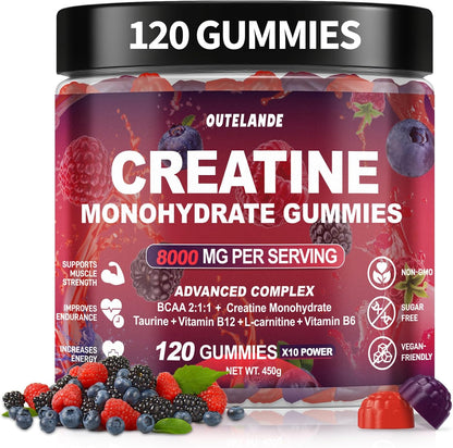 OUTELANDE Creatine Monohydrate Gummies 8000 mg with L Taurine Sugar Free Vegan 120 Count