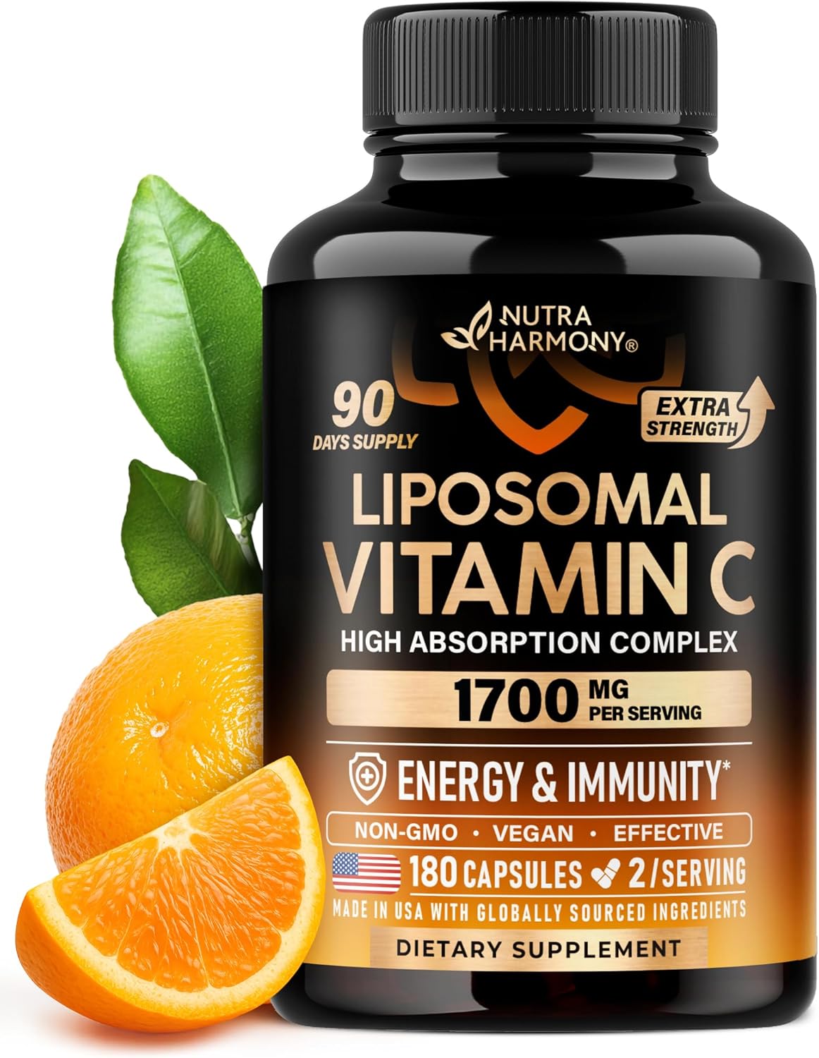 Liposomal Vitamin C 1700 mg Capsules – High Absorption, Non-GMO, Soy-Free, 180 Count