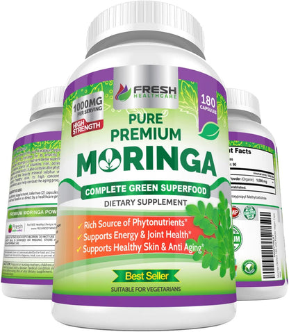 Fresh Healthcare Moringa Capsules Pure Leaf Powder Non-GMO 180 Count