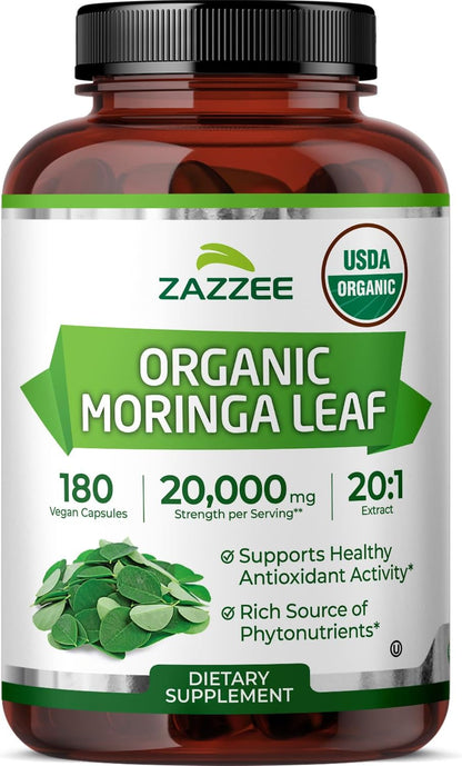 Zazzee Organic Moringa 20:1 Extract Vegan Capsules Kosher 180 Count