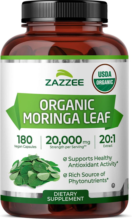Zazzee Organic Moringa 20:1 Extract Vegan Capsules Kosher 180 Count