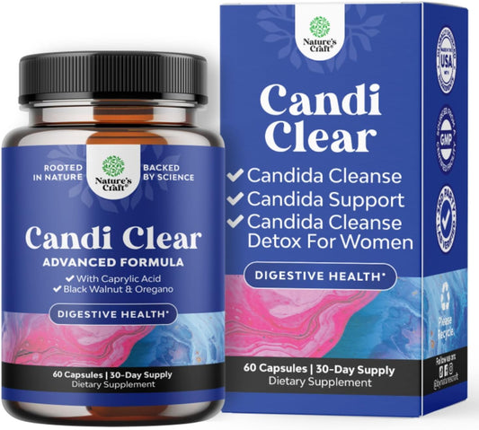 CANDI-CLEAR Body Cleanse Capsules Caprylic Acid Black Walnut Oregano 60 Count