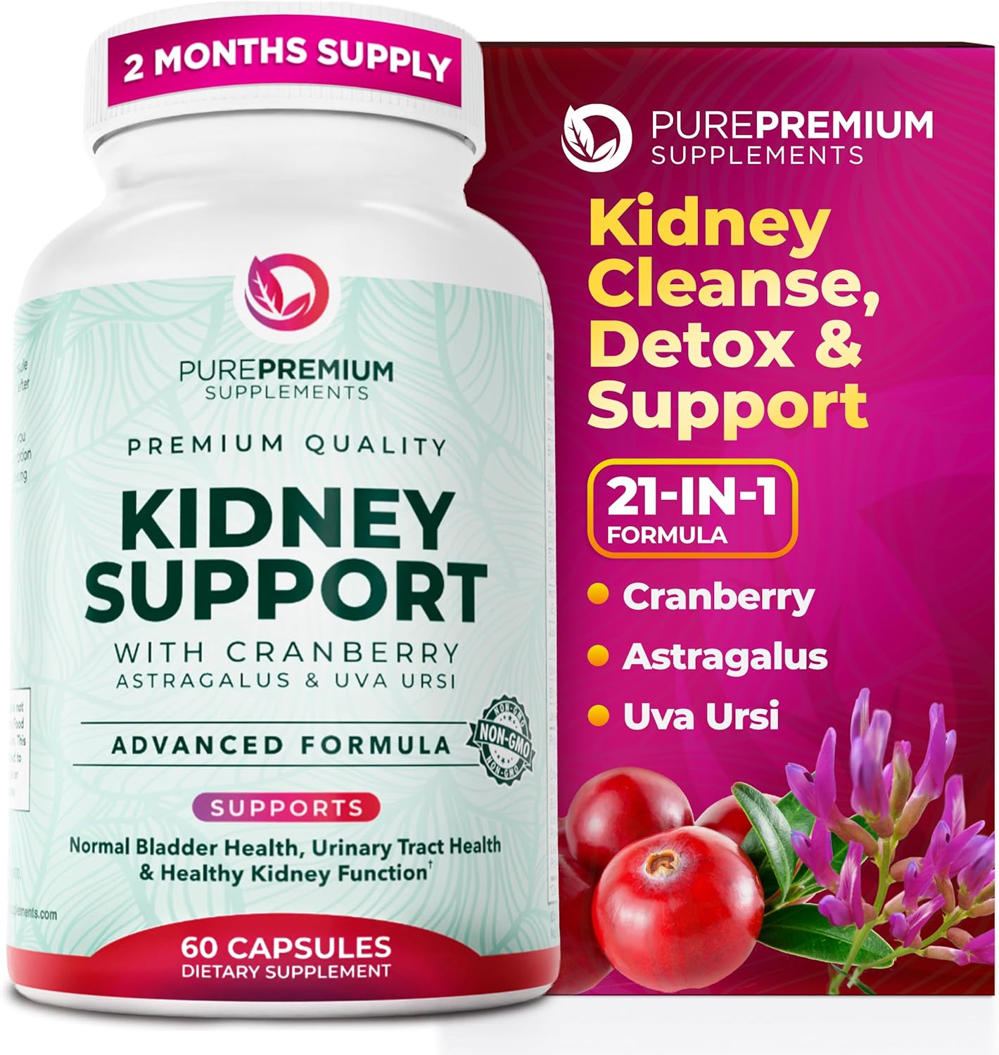 PurePremium Kidney Support Supplement Cranberry Astragalus 21-in-1 60 Day Supply