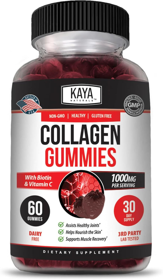 Kaya Naturals Collagen Gummies 1000 mg Vitamin C Selenium Biotin Strawberry 60 Count