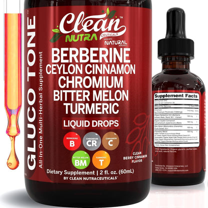 Clean Nutra Berberine Ceylon Cinnamon Liquid Drops with Bitter Melon Chromium Turmeric Ginseng