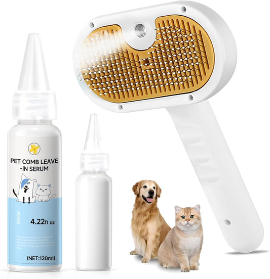 Pet Steam Brush 3-in-1 Hair Removal Comb for Dogs & Cats with Waterless Shampoo