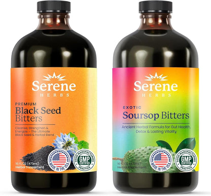 Serene Herbs Soursop Bitters & Black Seed Liquid Herbal Supplement Bundle 2 Pack 32 fl oz
