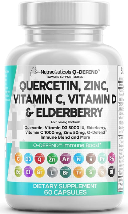 Q Defend Quercetin Capsules Zinc Vitamin C D Elderberry Blend 60 Count