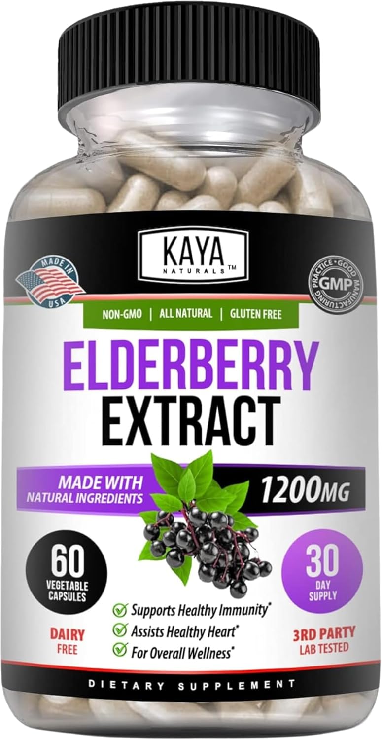 Kaya Naturals Elderberry Capsules Zinc Vitamin C Probiotics Turmeric 1200 mg 60 Count