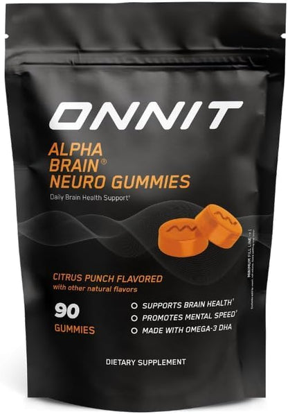 ONNIT Alpha Brain Neuro Focus Gummies Omega 3 Lutein Zeaxanthin Caffeine Citrus 90 Count